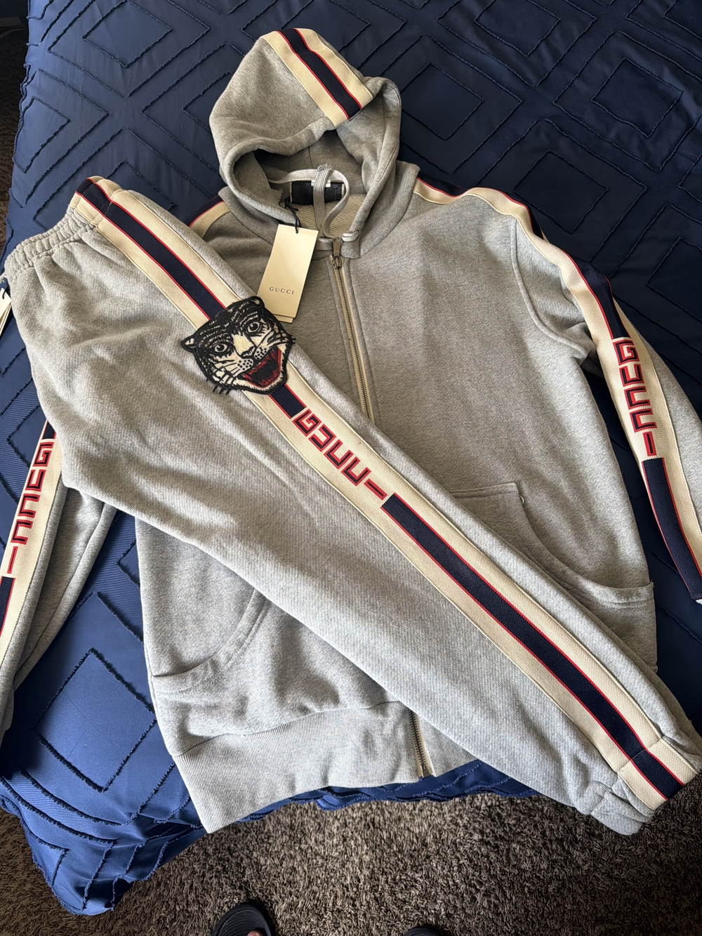Gucci Gray Zip Hoodie with Red-Blue Stripe and Tiger Patch